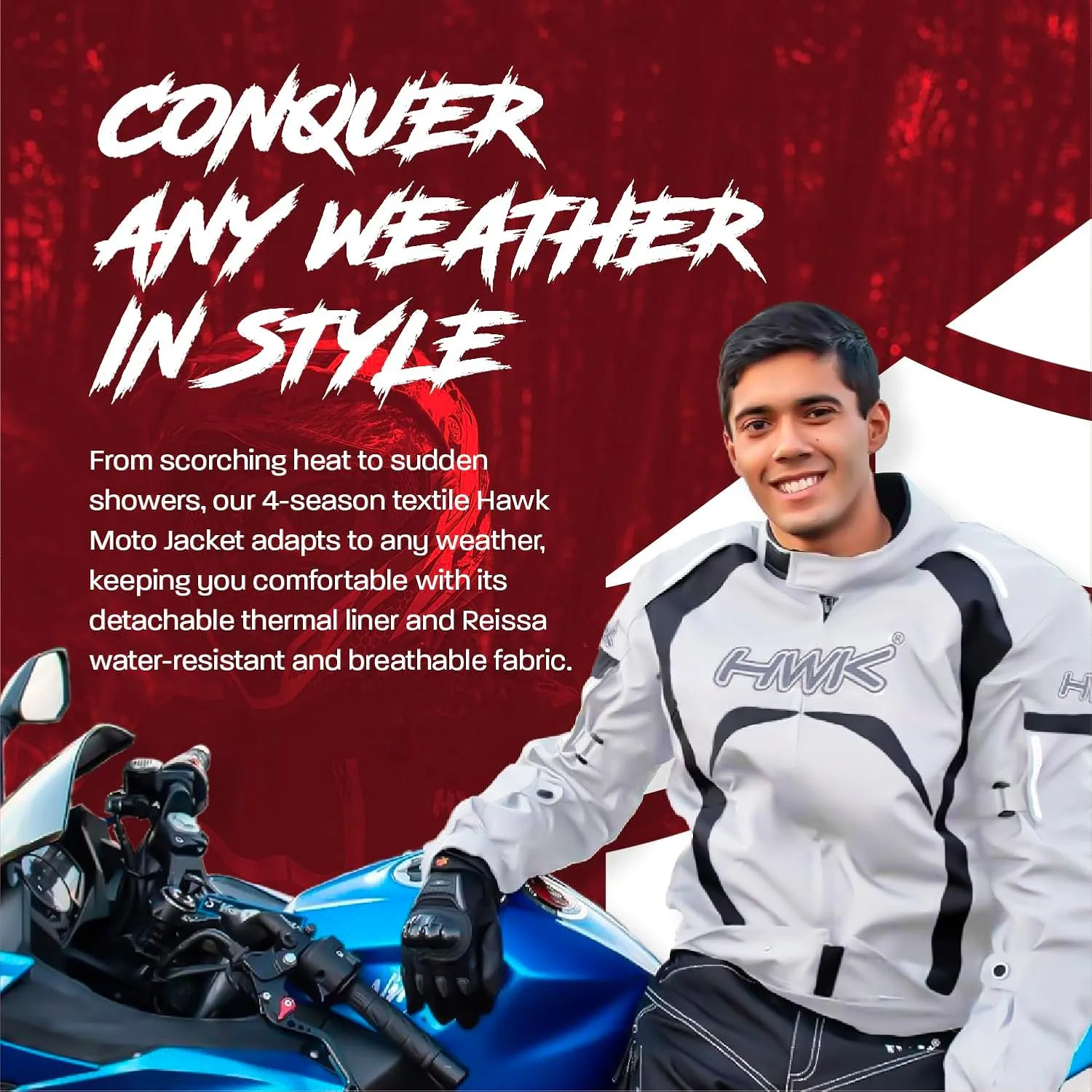 HWK Waterproof Motorcycle Jacket for Men & Women with CE Armor, High Visibility and Adjustable Polyester - Dirt Bike Gear for Enduro Racing, Silver, M - Motorcycle Riding Jacket