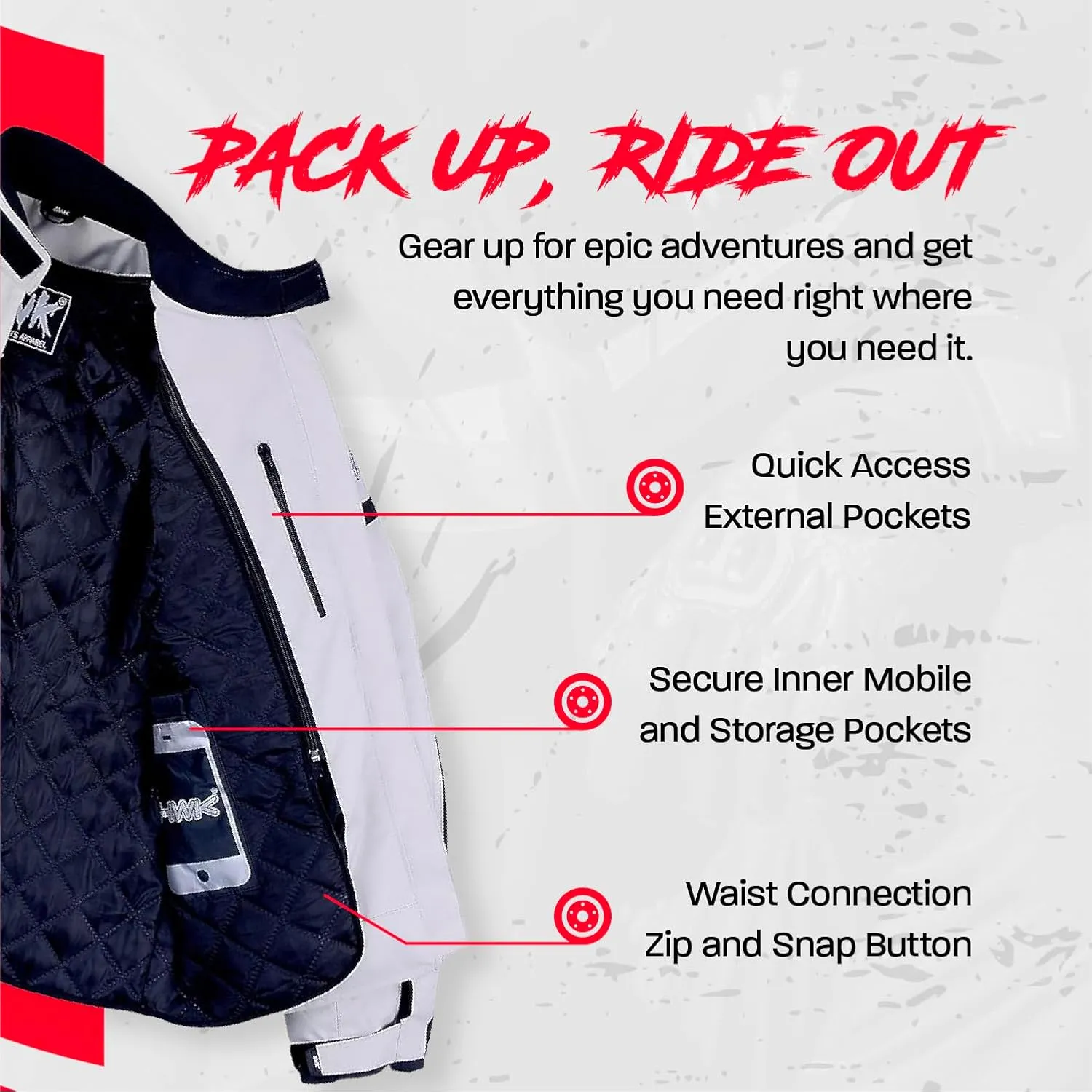 HWK Waterproof Motorcycle Jacket for Men & Women with CE Armor, High Visibility and Adjustable Polyester - Dirt Bike Gear for Enduro Racing, Silver, M - Motorcycle Riding Jacket