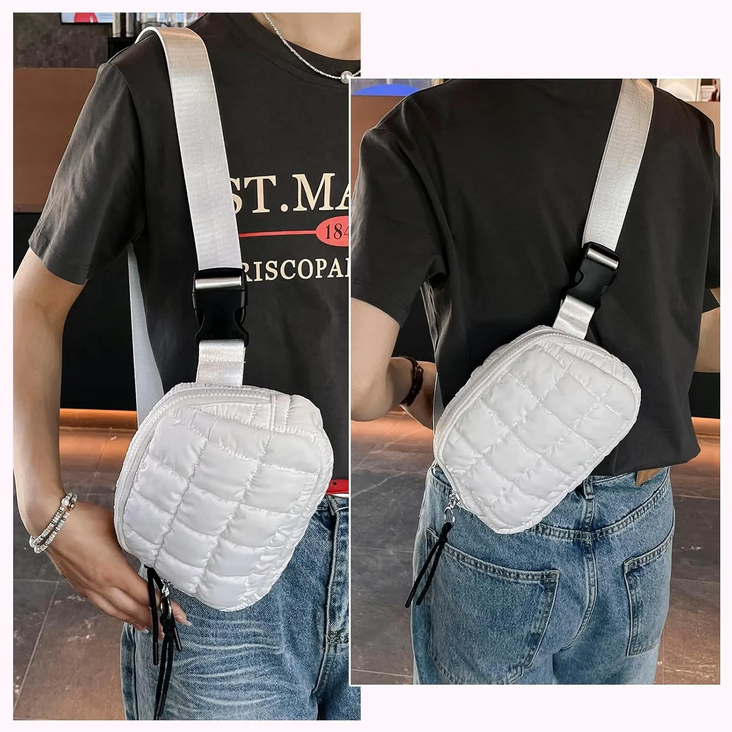I IHAYNER Quilted Puffer Belt Bag Fanny Waist Packs Small Crossbody Bag with Adjustable Strap for Traveling Hiking Purple