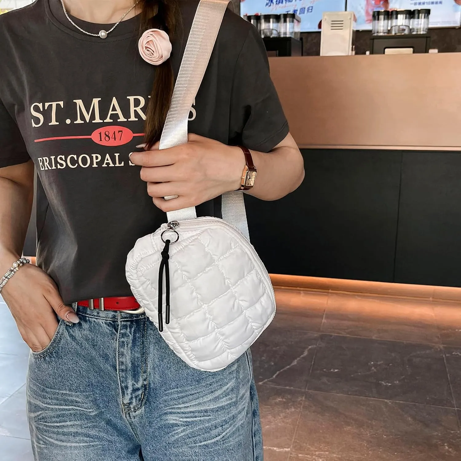 I IHAYNER Quilted Puffer Belt Bag Fanny Waist Packs Small Crossbody Bag with Adjustable Strap for Traveling Hiking White