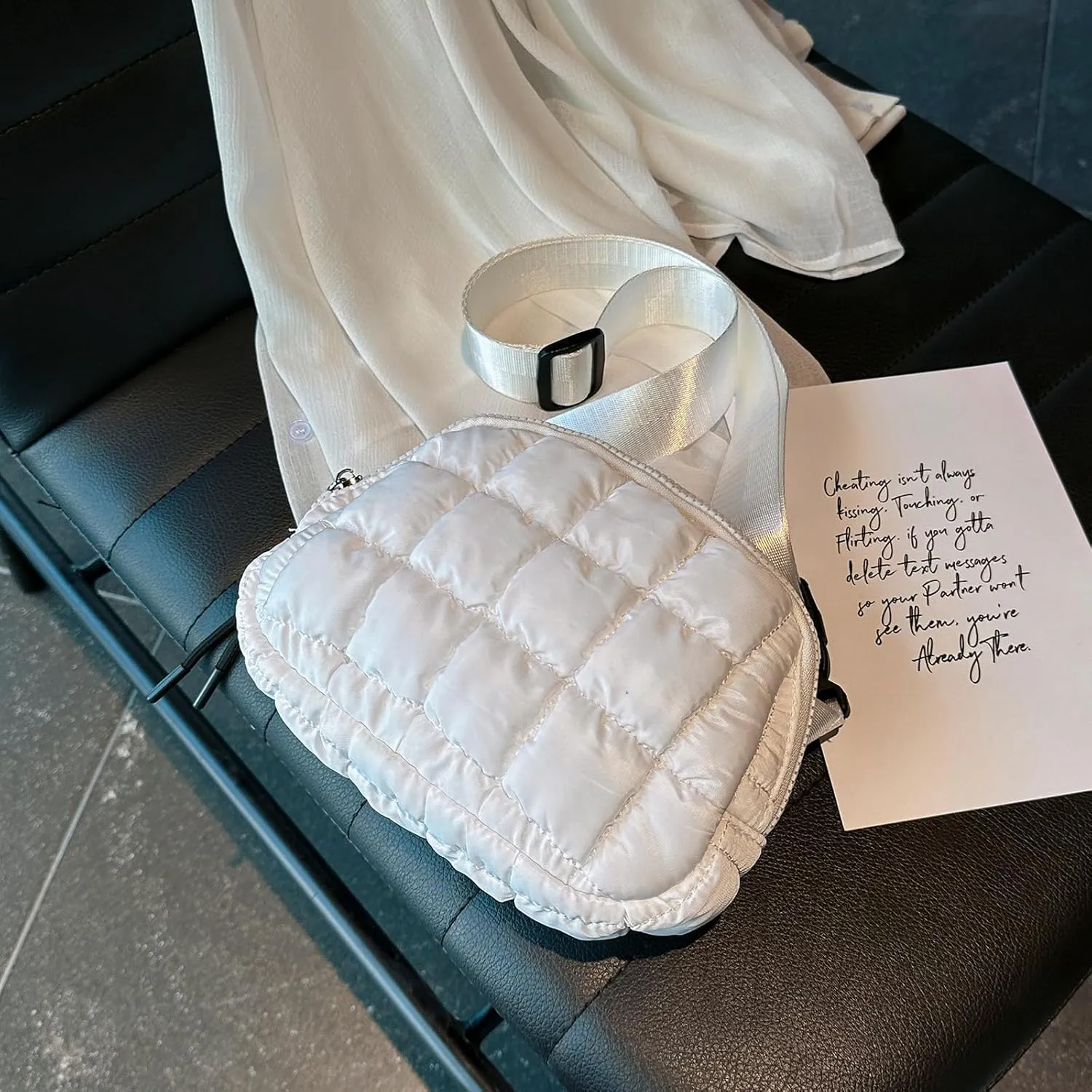 I IHAYNER Quilted Puffer Belt Bag Fanny Waist Packs Small Crossbody Bag with Adjustable Strap for Traveling Hiking White