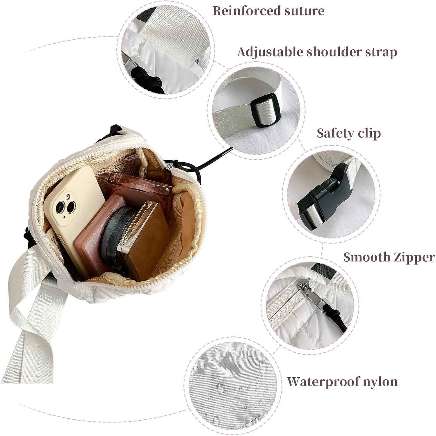I IHAYNER Quilted Puffer Belt Bag Fanny Waist Packs Small Crossbody Bag with Adjustable Strap for Traveling Hiking White
