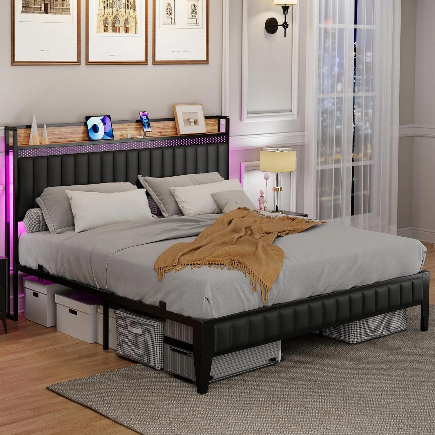 IDEALHOUSE King Bed Frame with Charging Station, LED Bed Frame with Storage Headboard, Upholstered Platform Bed Frame, No Box Spring Needed, Easy Assembly, Black