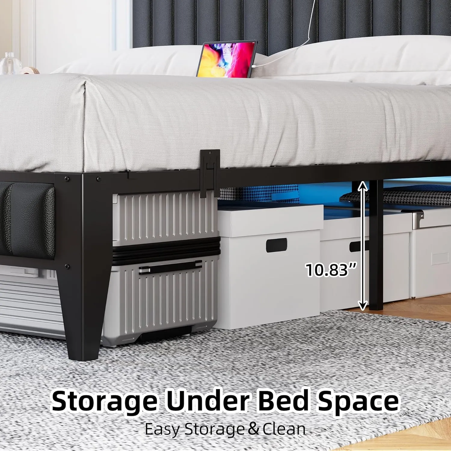 IDEALHOUSE King Bed Frame with Charging Station, LED Bed Frame with Storage Headboard, Upholstered Platform Bed Frame, No Box Spring Needed, Easy Assembly, Black