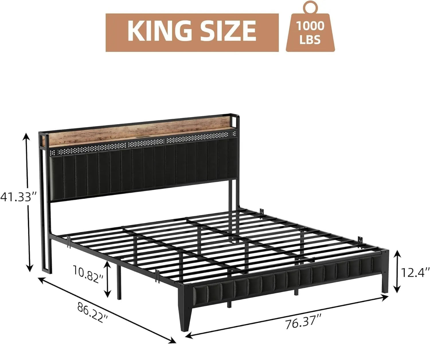 IDEALHOUSE King Bed Frame with Charging Station, LED Bed Frame with Storage Headboard, Upholstered Platform Bed Frame, No Box Spring Needed, Easy Assembly, Black