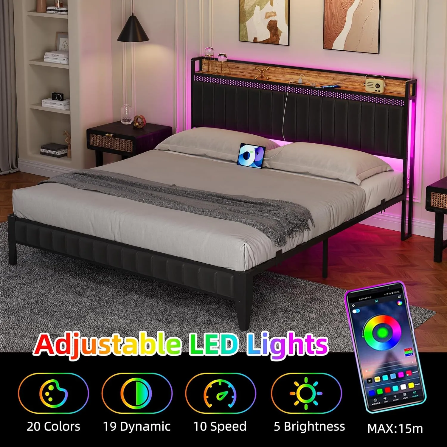 IDEALHOUSE King Bed Frame with Charging Station, LED Bed Frame with Storage Headboard, Upholstered Platform Bed Frame, No Box Spring Needed, Easy Assembly, Black