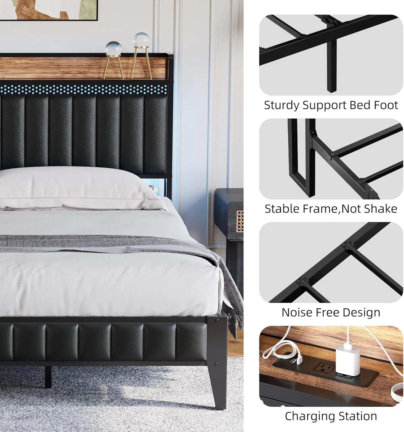 IDEALHOUSE King Bed Frame with Charging Station, LED Bed Frame with Storage Headboard, Upholstered Platform Bed Frame, No Box Spring Needed, Easy Assembly, Black