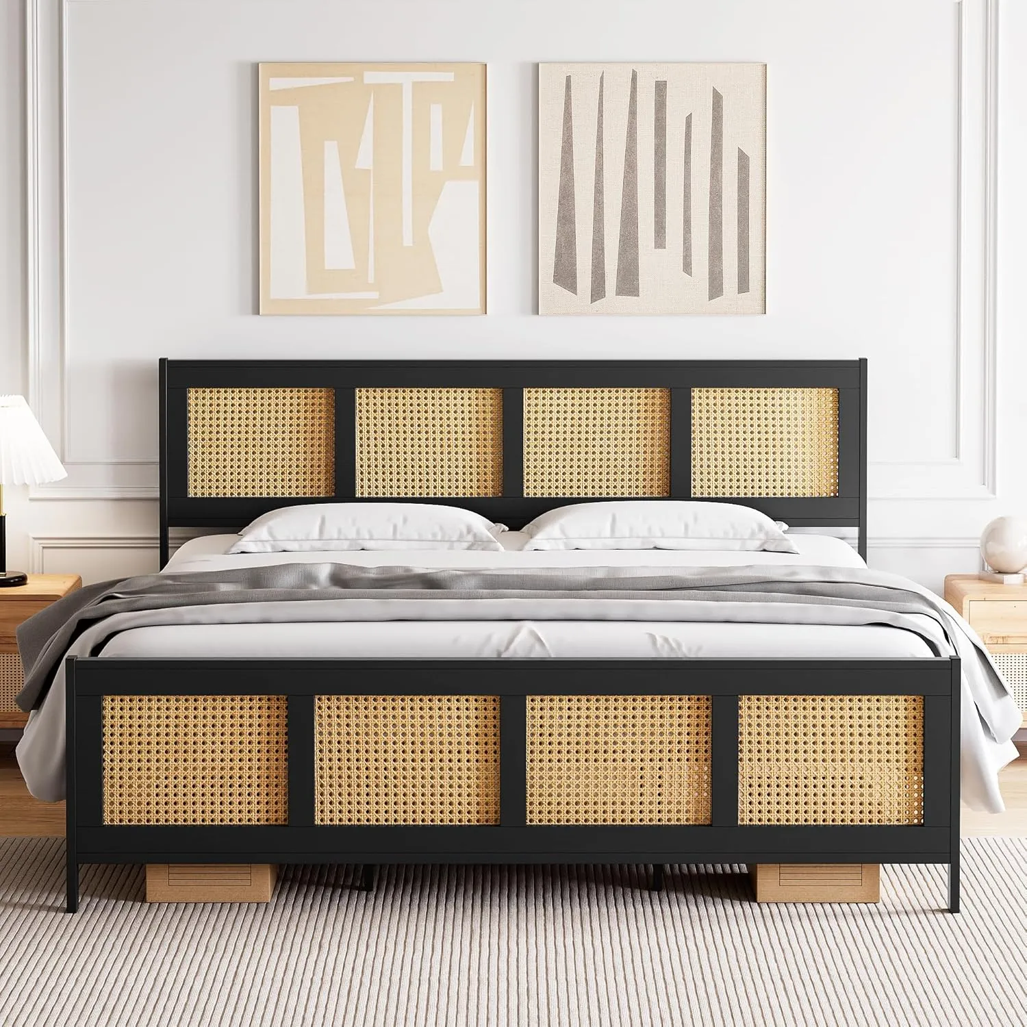 IDEALHOUSE King Size Bed Frame with Headboard, Bohemian Rattan Platform Bed Frame with Strong Metal Slats Support, No Box Spring Needed, Noise-Free Design, Black