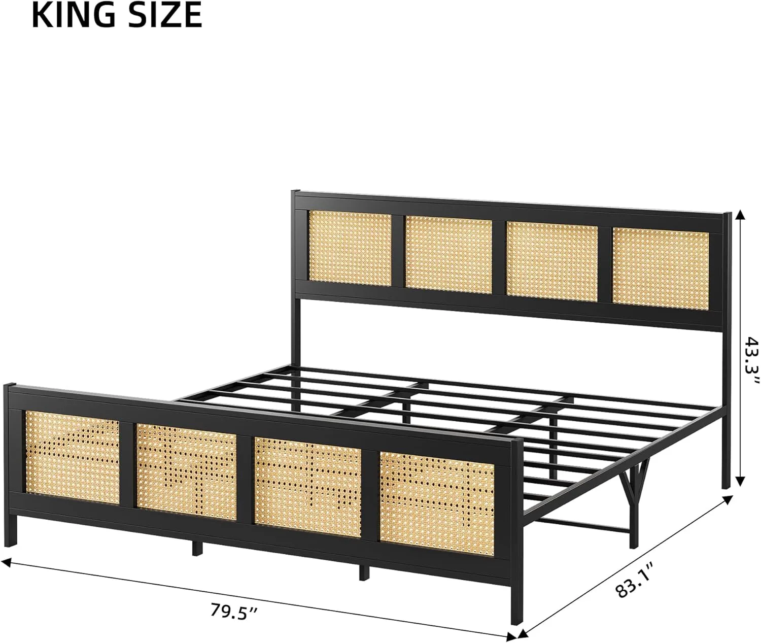 IDEALHOUSE King Size Bed Frame with Headboard, Bohemian Rattan Platform Bed Frame with Strong Metal Slats Support, No Box Spring Needed, Noise-Free Design, Black