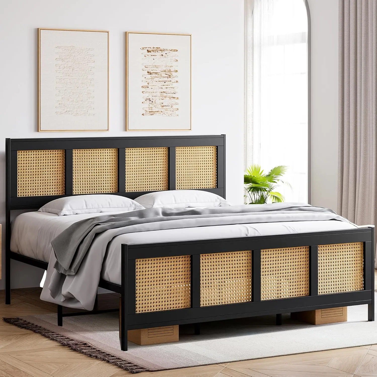 IDEALHOUSE King Size Bed Frame with Headboard, Bohemian Rattan Platform Bed Frame with Strong Metal Slats Support, No Box Spring Needed, Noise-Free Design, Black