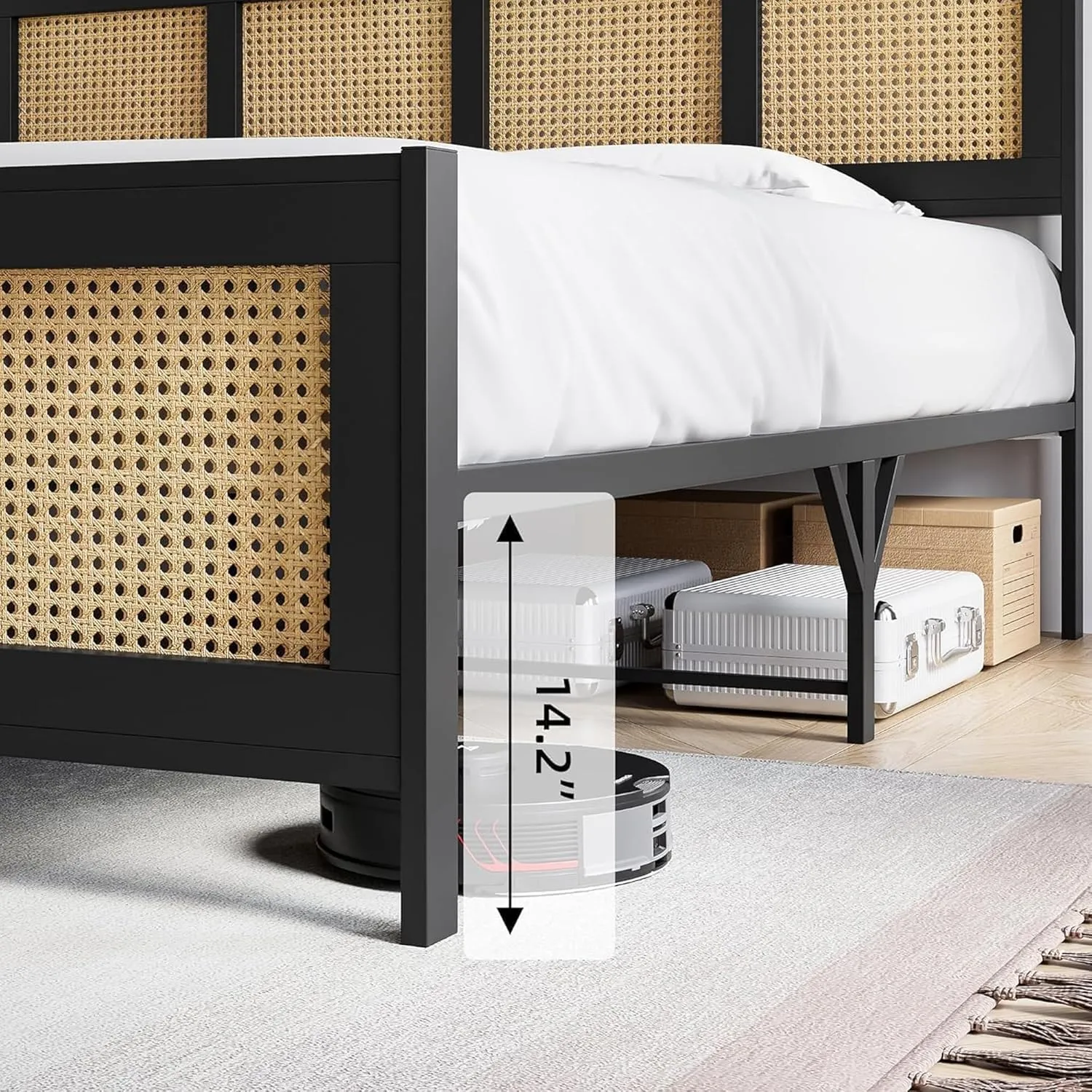 IDEALHOUSE King Size Bed Frame with Headboard, Bohemian Rattan Platform Bed Frame with Strong Metal Slats Support, No Box Spring Needed, Noise-Free Design, Black