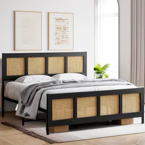 IDEALHOUSE King Size Bed Frame with Headboard, Bohemian Rattan Platform Bed Frame with Strong Metal Slats Support, No Box Spring Needed, Noise-Free Design, Black