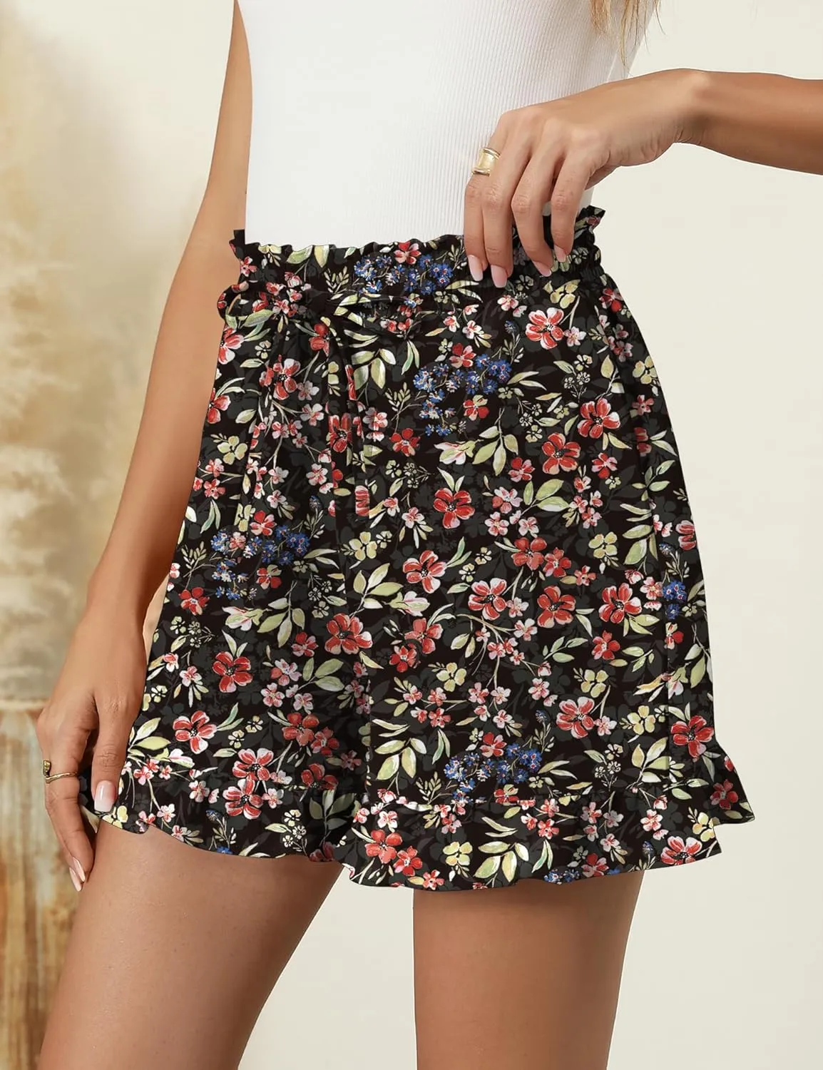 IECCP Women's Shorts 2025 Summer Casual Cute Ruffle Shorts Comfy Elastic Waist Drawstring Pleated Short with Pockets