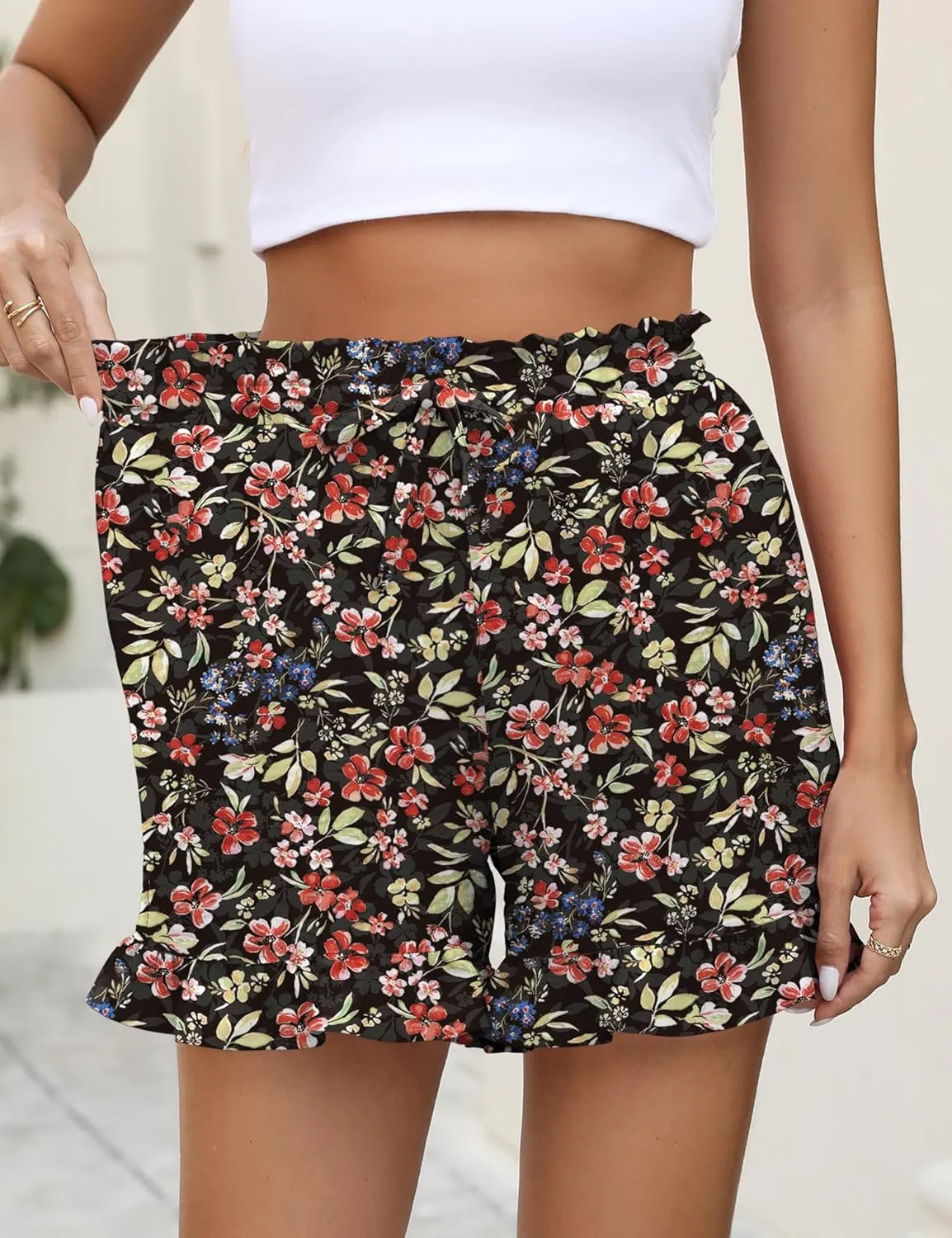 IECCP Women's Shorts 2025 Summer Casual Cute Ruffle Shorts Comfy Elastic Waist Drawstring Pleated Short with Pockets