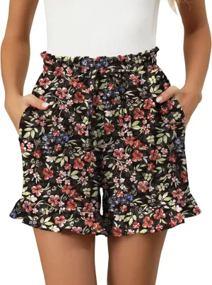 IECCP Women's Shorts 2025 Summer Casual Cute Ruffle Shorts Comfy Elastic Waist Drawstring Pleated Short with Pockets