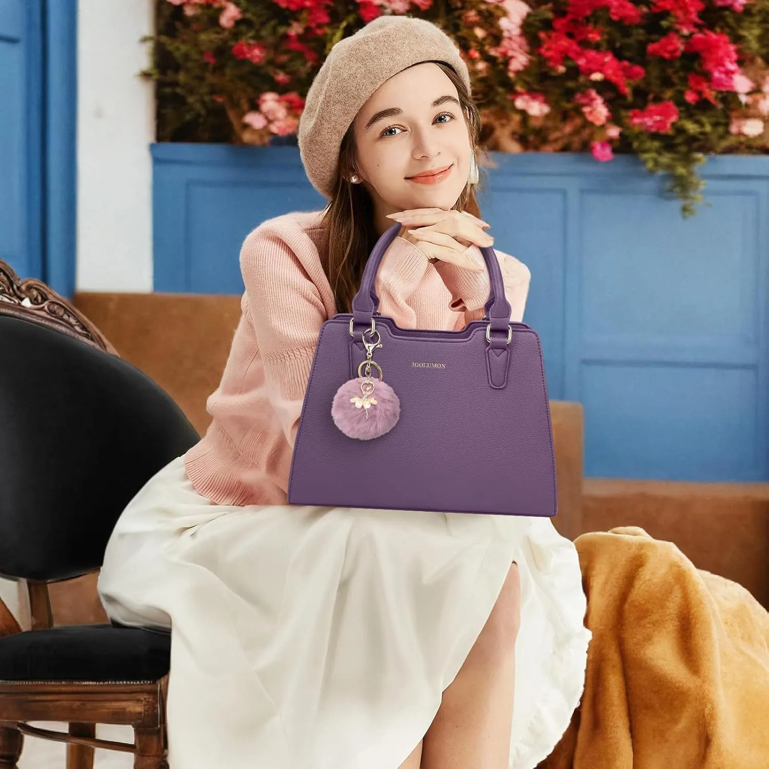 IGOLUMON Women's Top-Handle Handbags PU Vegan Leather Satchel Purses for Women Designer Tote Purse Handbag with Cute Pompom