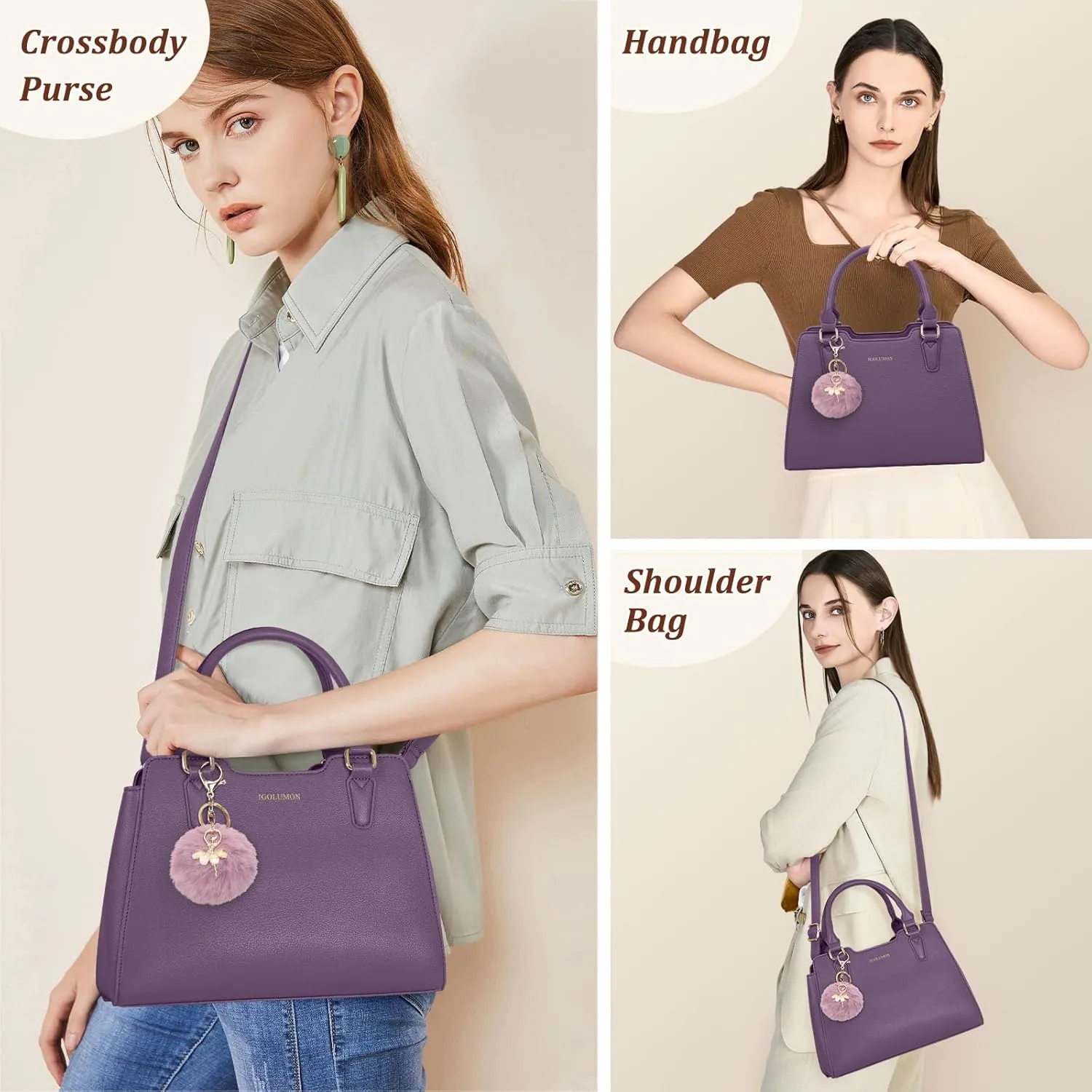 IGOLUMON Women's Top-Handle Handbags PU Vegan Leather Satchel Purses for Women Designer Tote Purse Handbag with Cute Pompom
