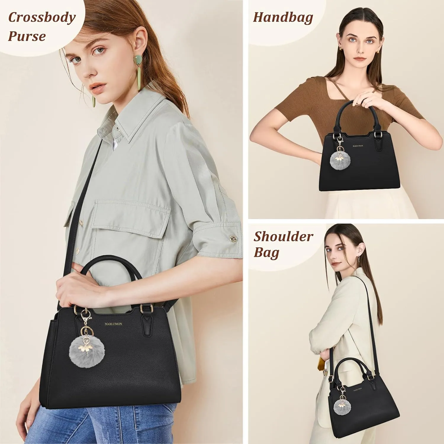 IGOLUMON Women's Top-Handle Handbags PU Vegan Leather Satchel Purses for Women Designer Tote Purse Handbag with Cute Pompom