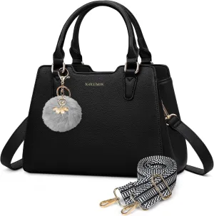 IGOLUMON Women's Top-Handle Handbags PU Vegan Leather Satchel Purses for Women Designer Tote Purse Handbag with Cute Pompom