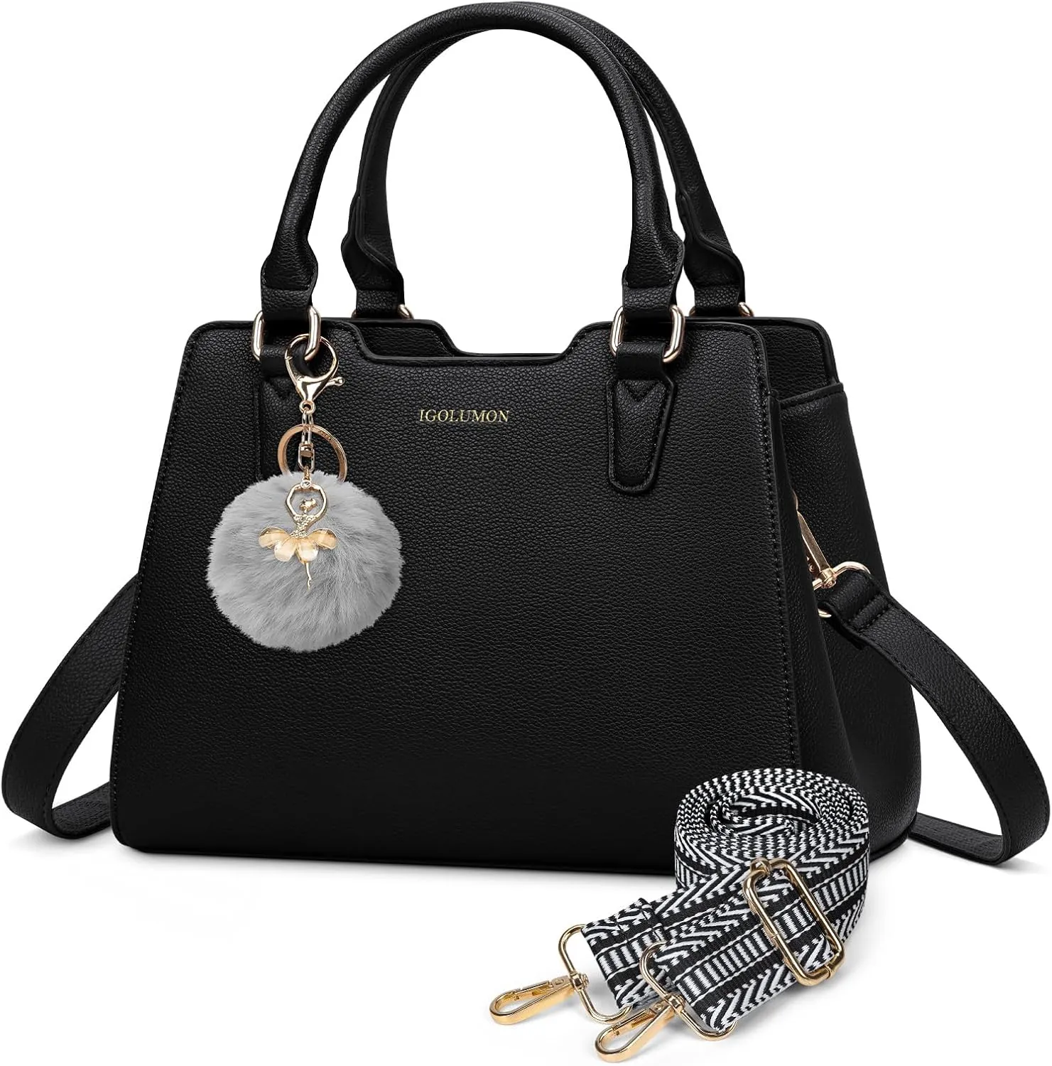 IGOLUMON Women's Top-Handle Handbags PU Vegan Leather Satchel Purses for Women Designer Tote Purse Handbag with Cute Pompom