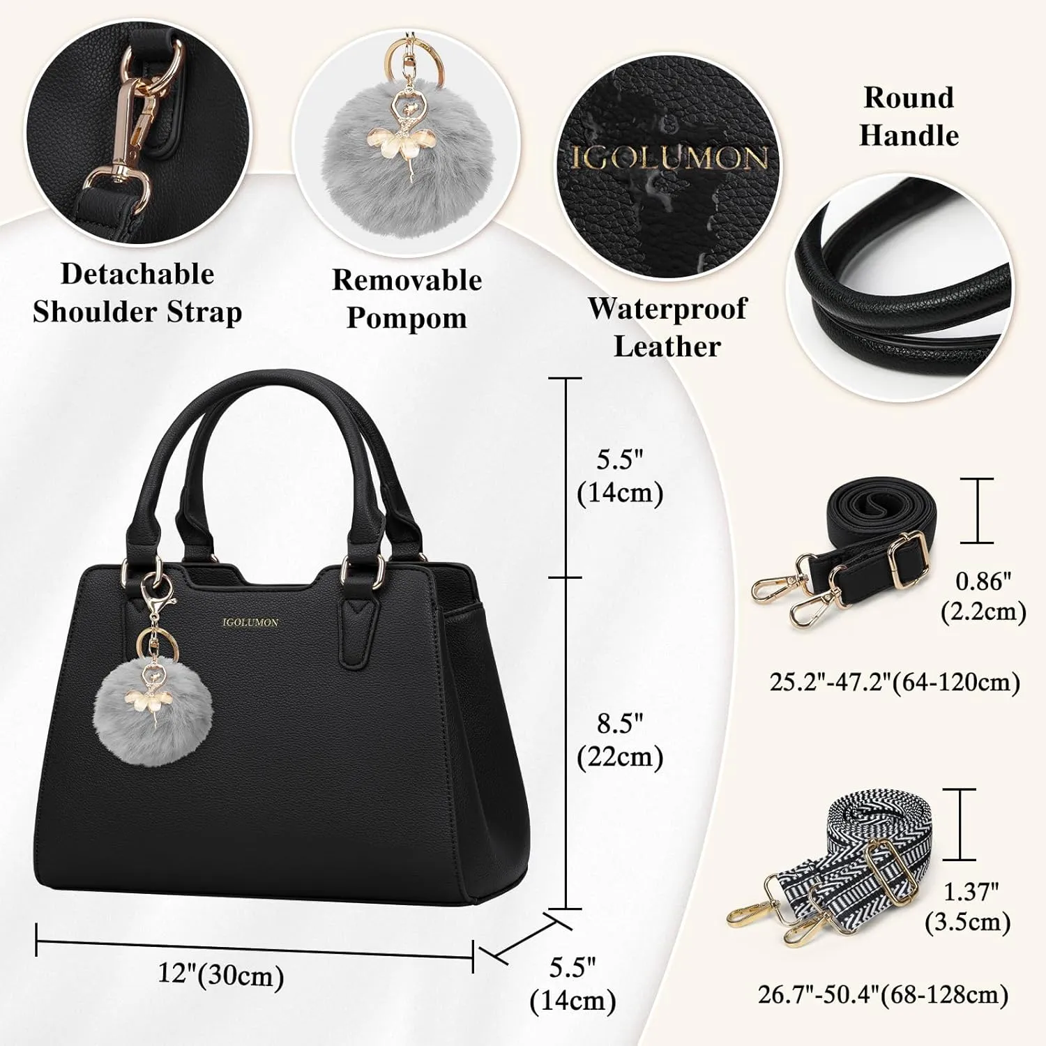 IGOLUMON Women's Top-Handle Handbags PU Vegan Leather Satchel Purses for Women Designer Tote Purse Handbag with Cute Pompom