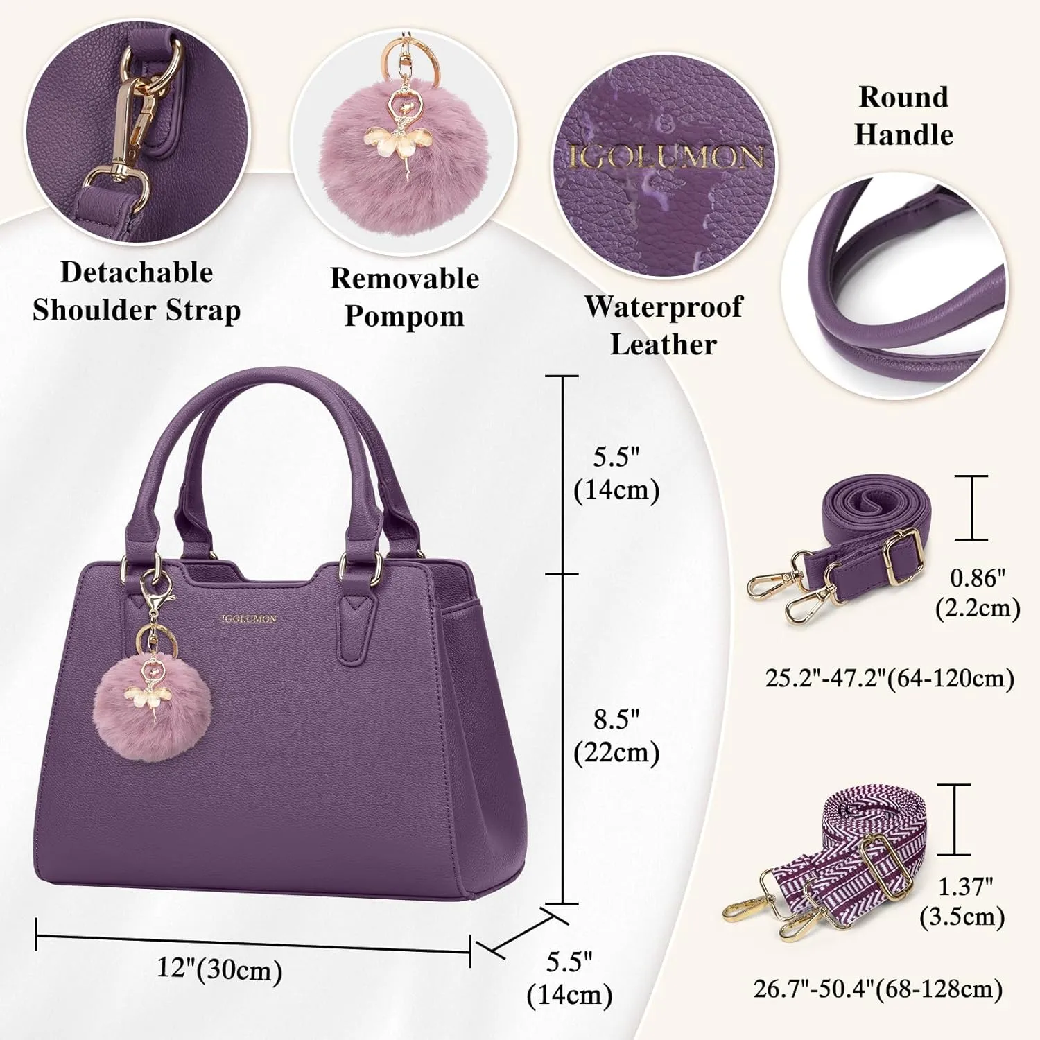 IGOLUMON Women's Top-Handle Handbags PU Vegan Leather Satchel Purses for Women Designer Tote Purse Handbag with Cute Pompom