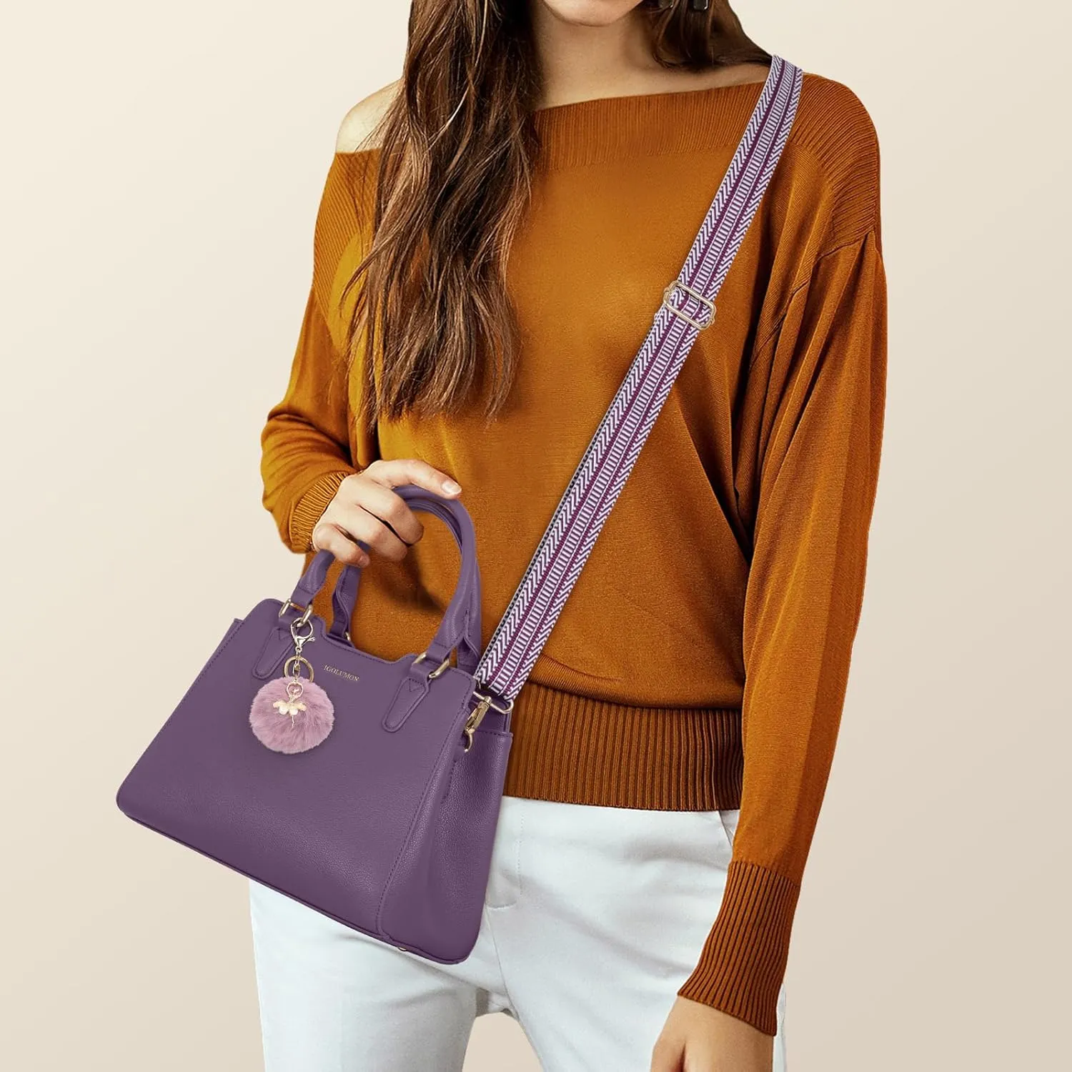 IGOLUMON Women's Top-Handle Handbags PU Vegan Leather Satchel Purses for Women Designer Tote Purse Handbag with Cute Pompom