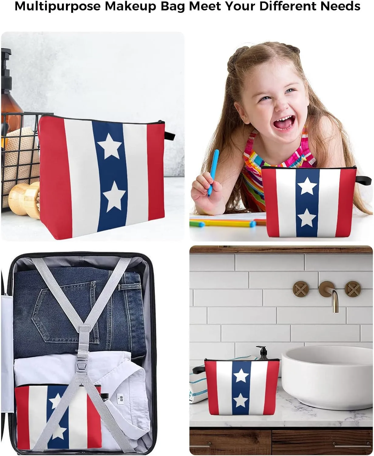 Independence Day White American Star Cosmetic Bags for Women, Flag Day White Red Stripes Grain Small Makeup Bag for Purse, Waterproof Travel Toiletry Bag Accessories Organizer, 1PCS