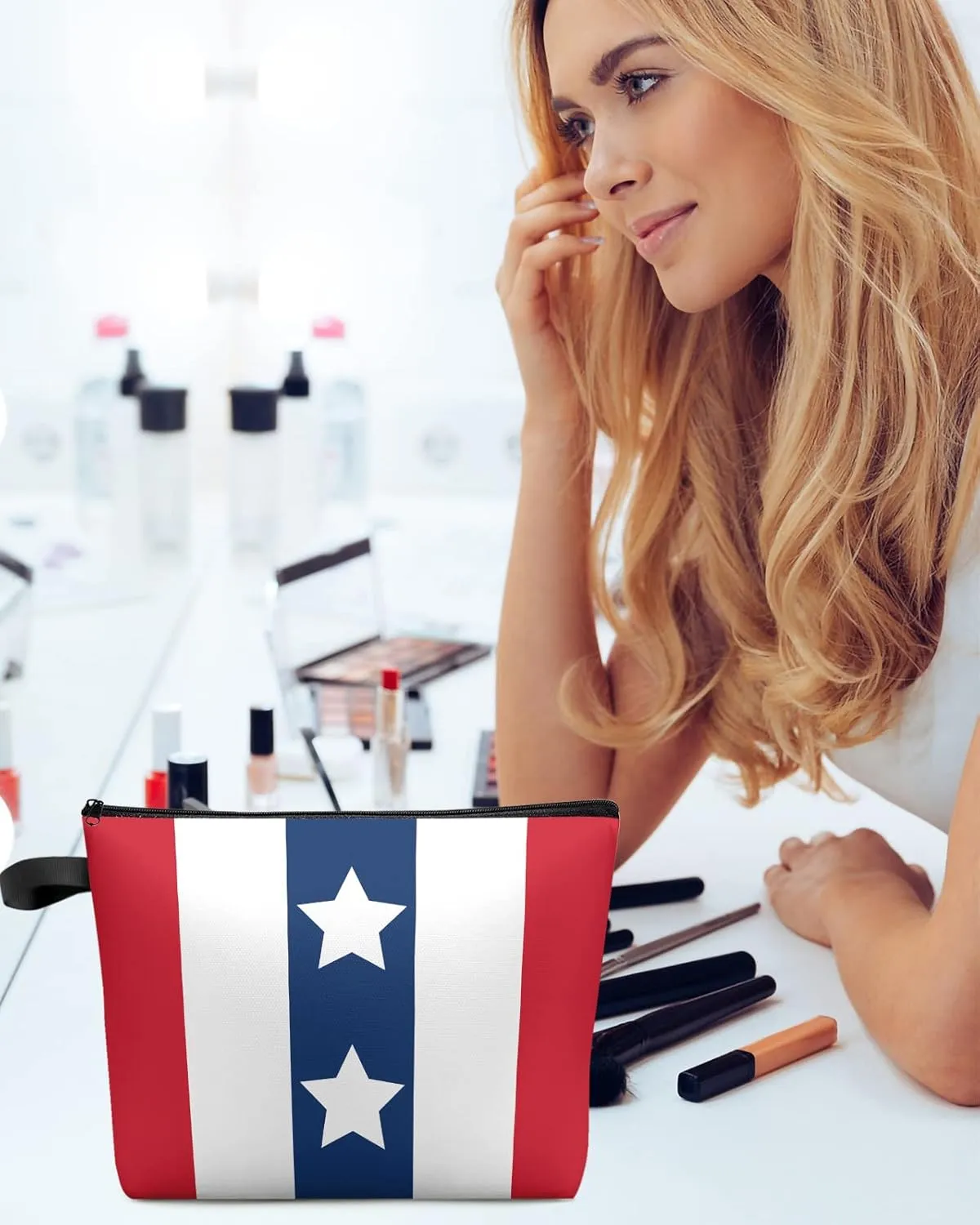 Independence Day White American Star Cosmetic Bags for Women, Flag Day White Red Stripes Grain Small Makeup Bag for Purse, Waterproof Travel Toiletry Bag Accessories Organizer, 1PCS