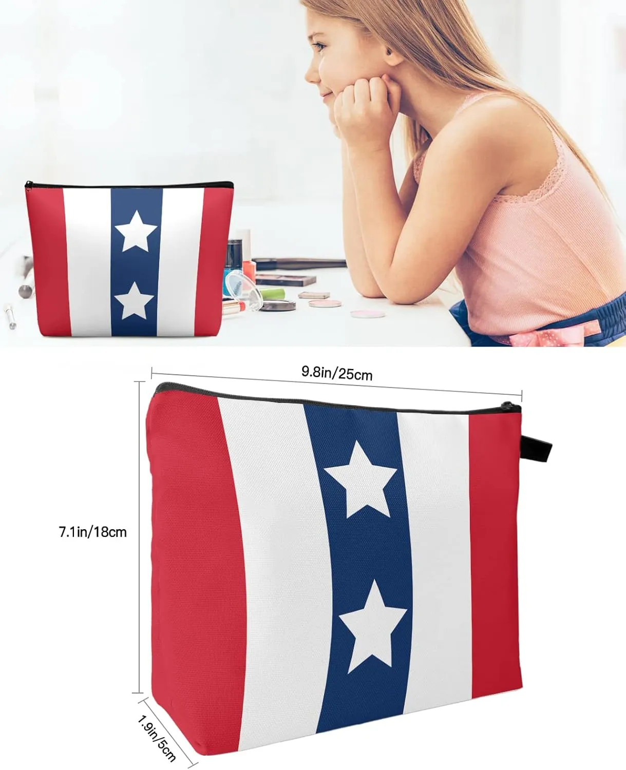 Independence Day White American Star Cosmetic Bags for Women, Flag Day White Red Stripes Grain Small Makeup Bag for Purse, Waterproof Travel Toiletry Bag Accessories Organizer, 1PCS