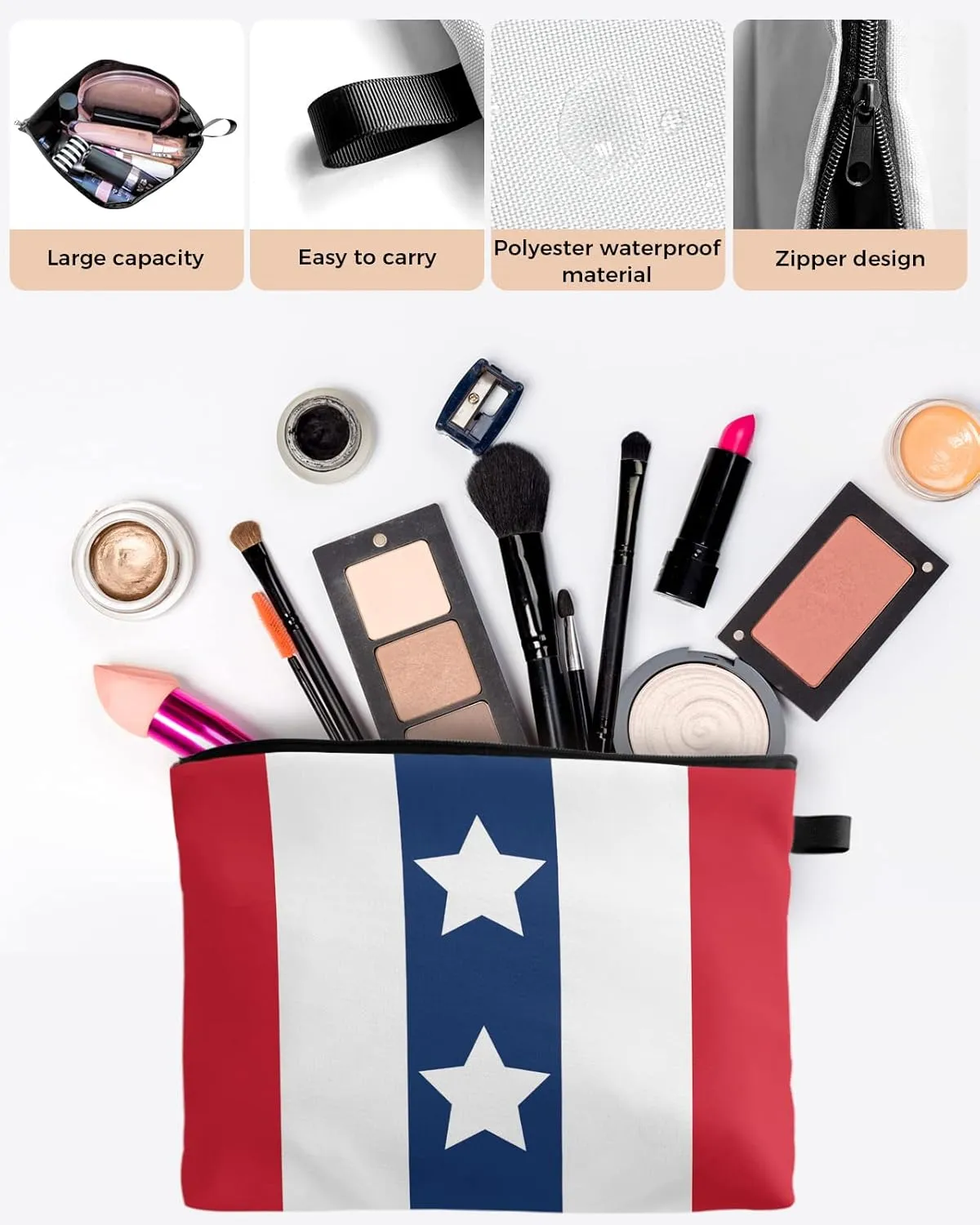 Independence Day White American Star Cosmetic Bags for Women, Flag Day White Red Stripes Grain Small Makeup Bag for Purse, Waterproof Travel Toiletry Bag Accessories Organizer, 1PCS