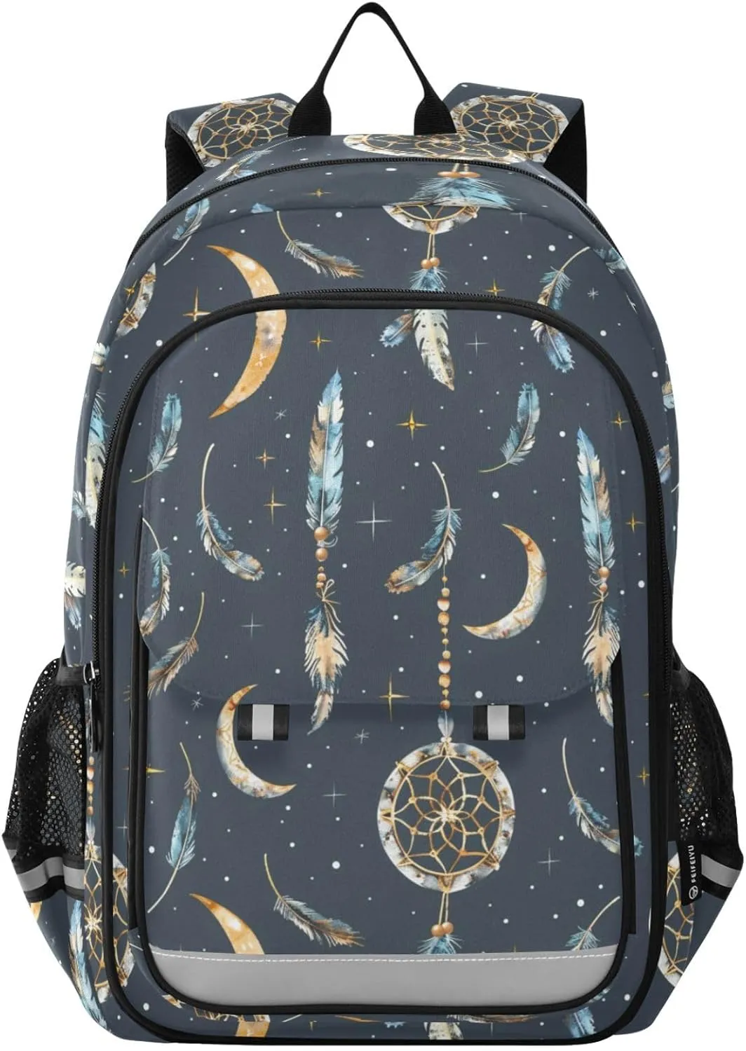 Indian Dreamcatcher Feathers and Moon Glitter Backpack for Boys Girls Elementary School Bag Kids Bookbag Travel Rucksack With Reflective Stripes