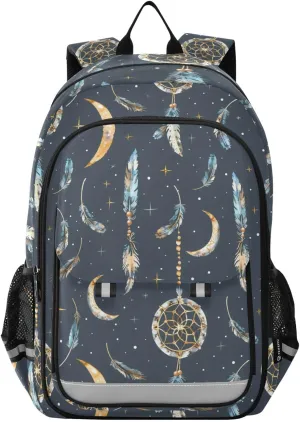 Indian Dreamcatcher Feathers and Moon Glitter Backpack for Boys Girls Elementary School Bag Kids Bookbag Travel Rucksack With Reflective Stripes