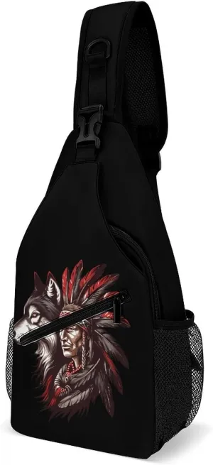 Indian Tribal Chief And Wolf Crossbody Sling Bags Shoulder Backpack Chest DayPack Handbag
