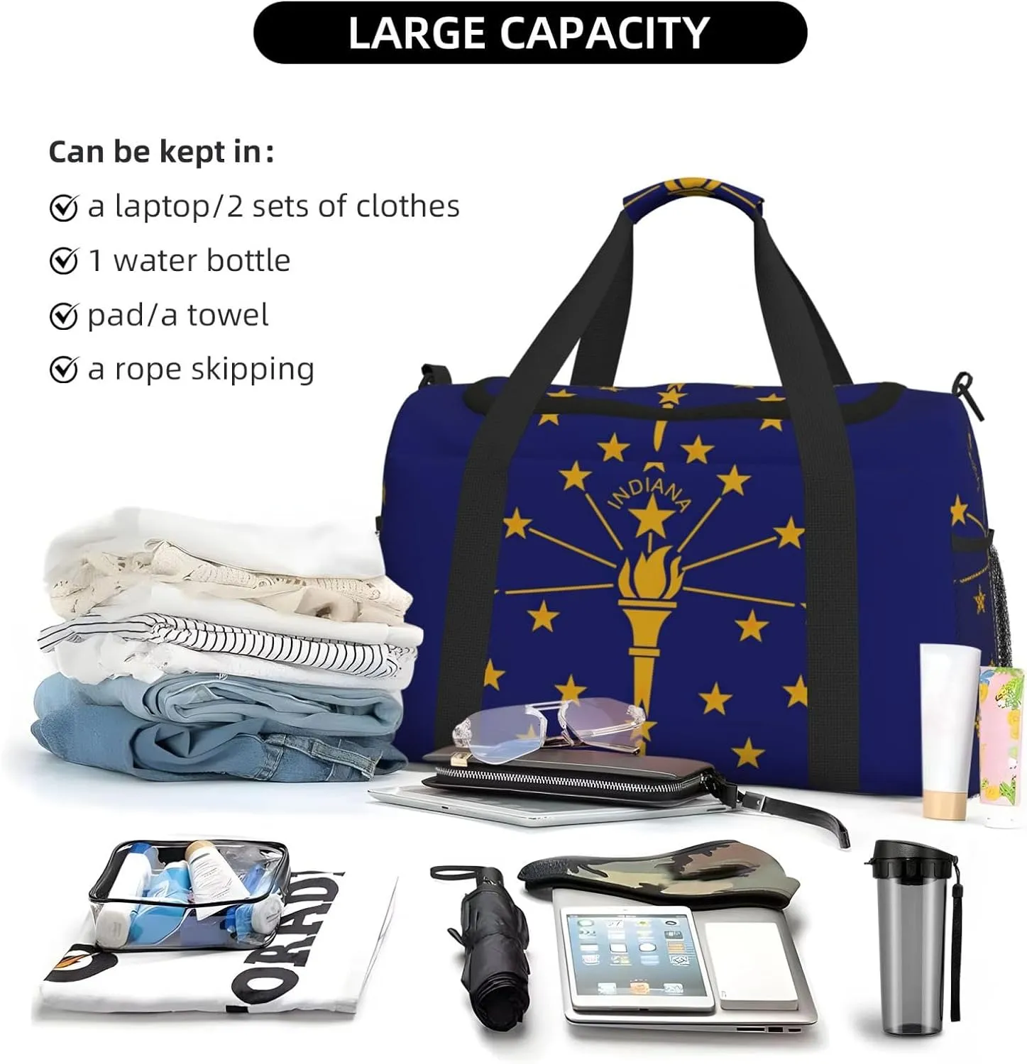 Indiana State Flag Travel Bag, Weekender Bags For Women Men For Outdoor Adventures, Ideal For Camping And Hiking