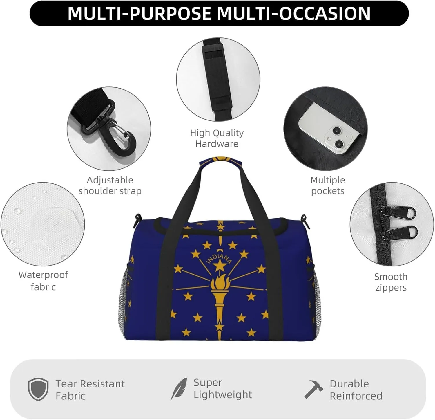 Indiana State Flag Travel Bag, Weekender Bags For Women Men For Outdoor Adventures, Ideal For Camping And Hiking