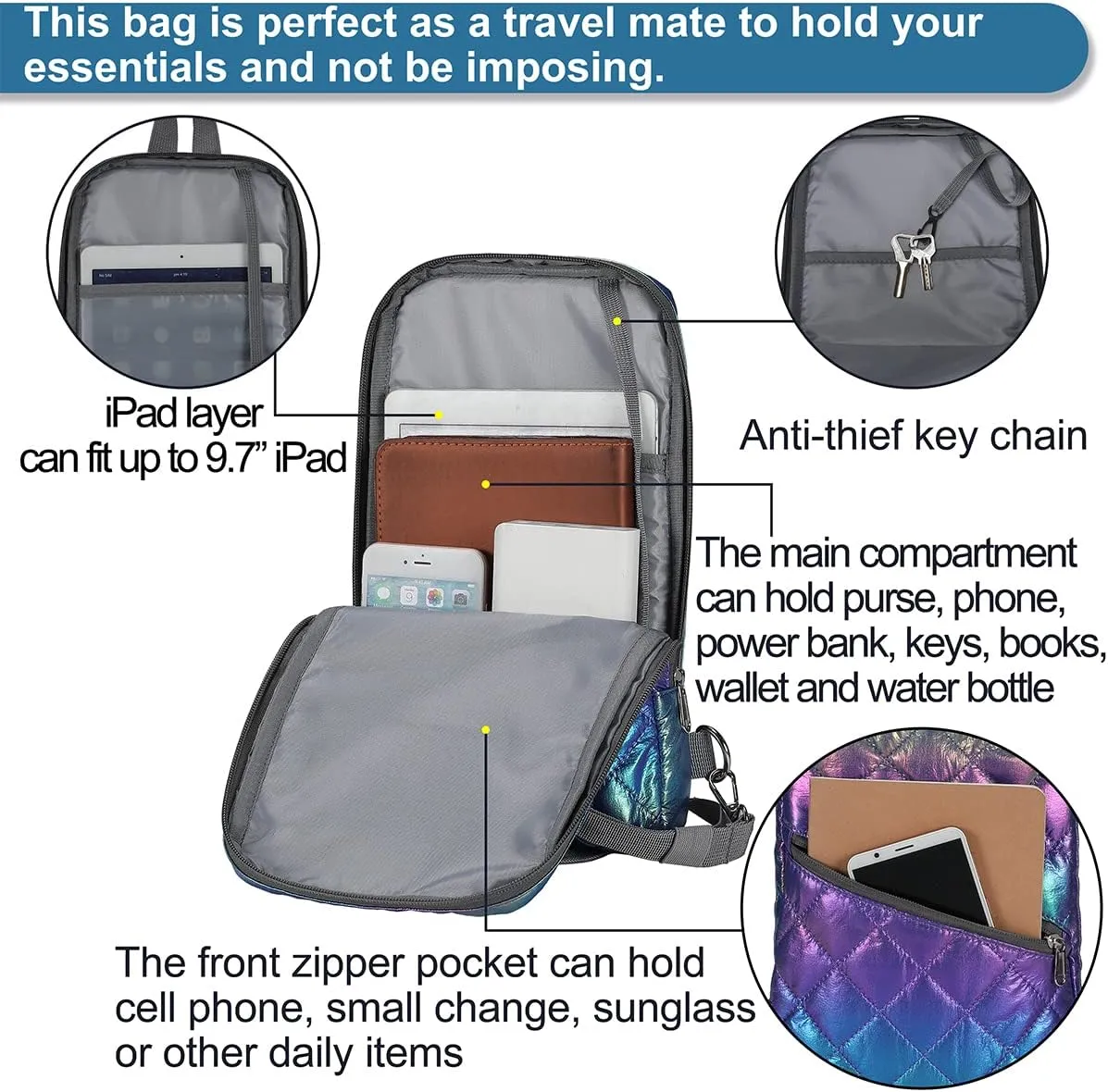 Iridescent Crossbody Shoulder Puffer Backpack for Women Men, Travel Hiking Small Chest Bag Daypack
