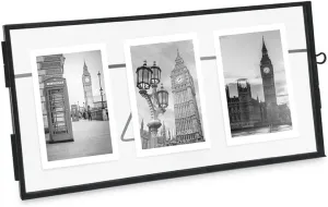 Isaac Jacobs 3-Photo Vintage Style Glass and Metal Floating Picture Frame (Horizontal) w/Locket Closure; (Fits 3 2x3 photos) for Photos, Art, & More, Tabletop Display (Three-2x3, Black)
