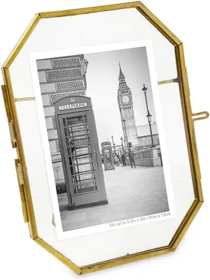Isaac Jacobs 3.5x5 Vintage Style Octagon Brass & Glass, Metal Floating Picture Frame with Locket Closure (Vertical), Tabletop Display, (Fits up to a cutout 3.5” x 5” - See image)