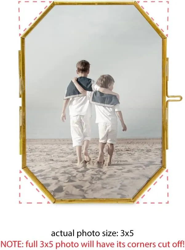 Isaac Jacobs 3.5x5 Vintage Style Octagon Brass & Glass, Metal Floating Picture Frame with Locket Closure (Vertical), Tabletop Display, (Fits up to a cutout 3.5” x 5” - See image)