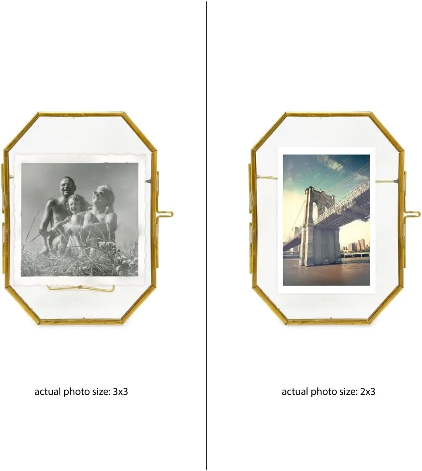Isaac Jacobs 3.5x5 Vintage Style Octagon Brass & Glass, Metal Floating Picture Frame with Locket Closure (Vertical), Tabletop Display, (Fits up to a cutout 3.5” x 5” - See image)