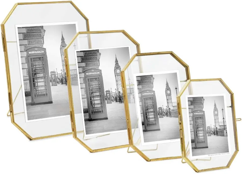 Isaac Jacobs 3.5x5 Vintage Style Octagon Brass & Glass, Metal Floating Picture Frame with Locket Closure (Vertical), Tabletop Display, (Fits up to a cutout 3.5” x 5” - See image)