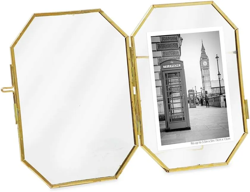 Isaac Jacobs 3.5x5 Vintage Style Octagon Brass & Glass, Metal Floating Picture Frame with Locket Closure (Vertical), Tabletop Display, (Fits up to a cutout 3.5” x 5” - See image)