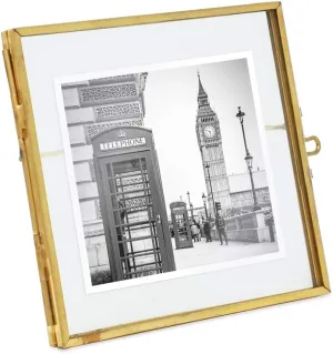 Isaac Jacobs 4x4, Antique Gold, Vintage Style Brass and Glass, Metal Floating Picture Frame with Locket Closure, for Photos, Art, & More, Tabletop Display (4x4 Antique Gold)