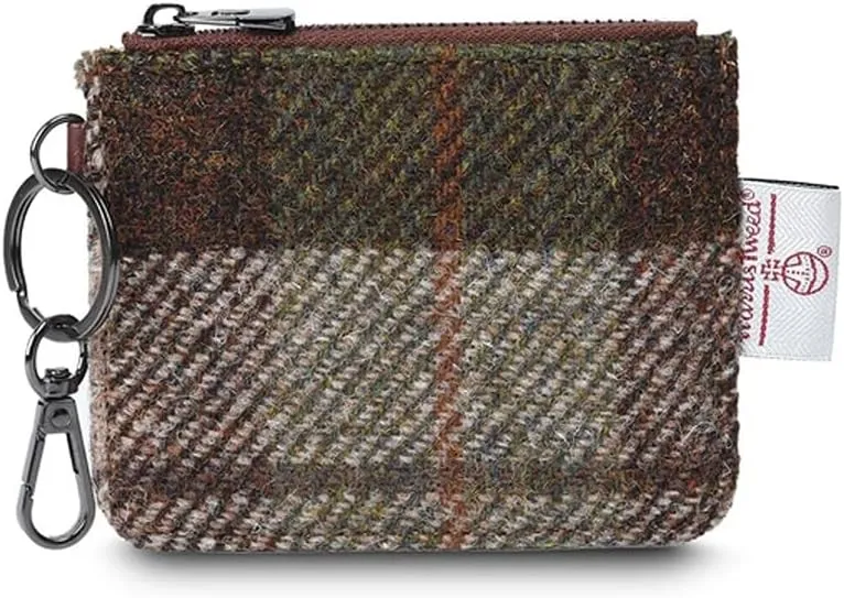 Islander The Card Zip Wallet Microfibre Leather and Harris Tweed (Chestnut Tartan)