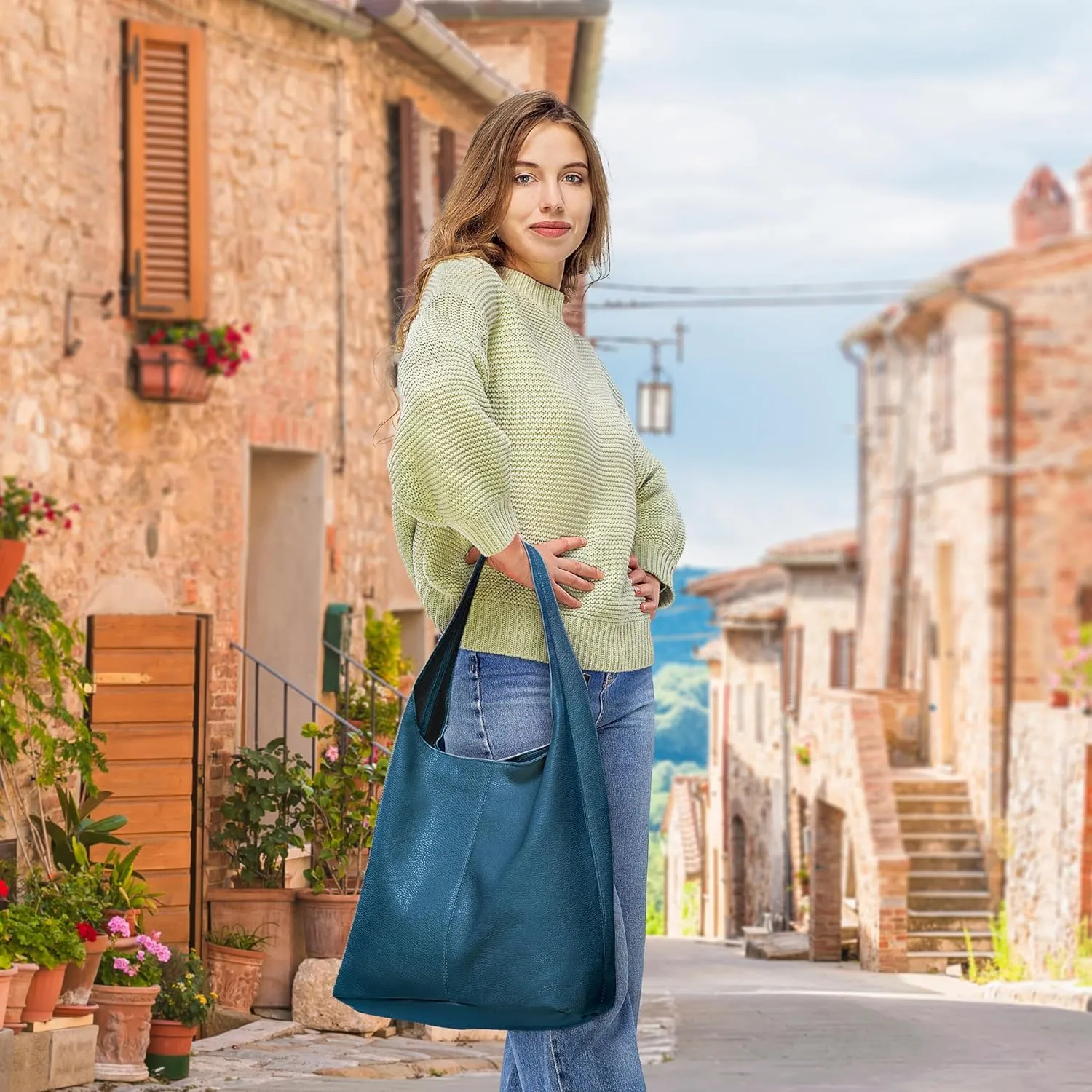 Italian Genuine Calf Leather Hobo Bag for Women with Zipper | Large Soft Slouchy Unlined Shoulder Handbag Tote Bucket Purse