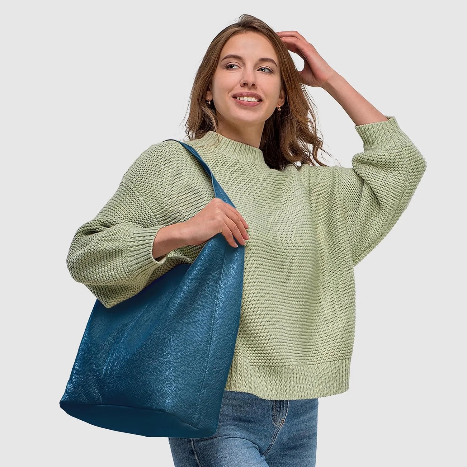 Italian Genuine Calf Leather Hobo Bag for Women with Zipper | Large Soft Slouchy Unlined Shoulder Handbag Tote Bucket Purse