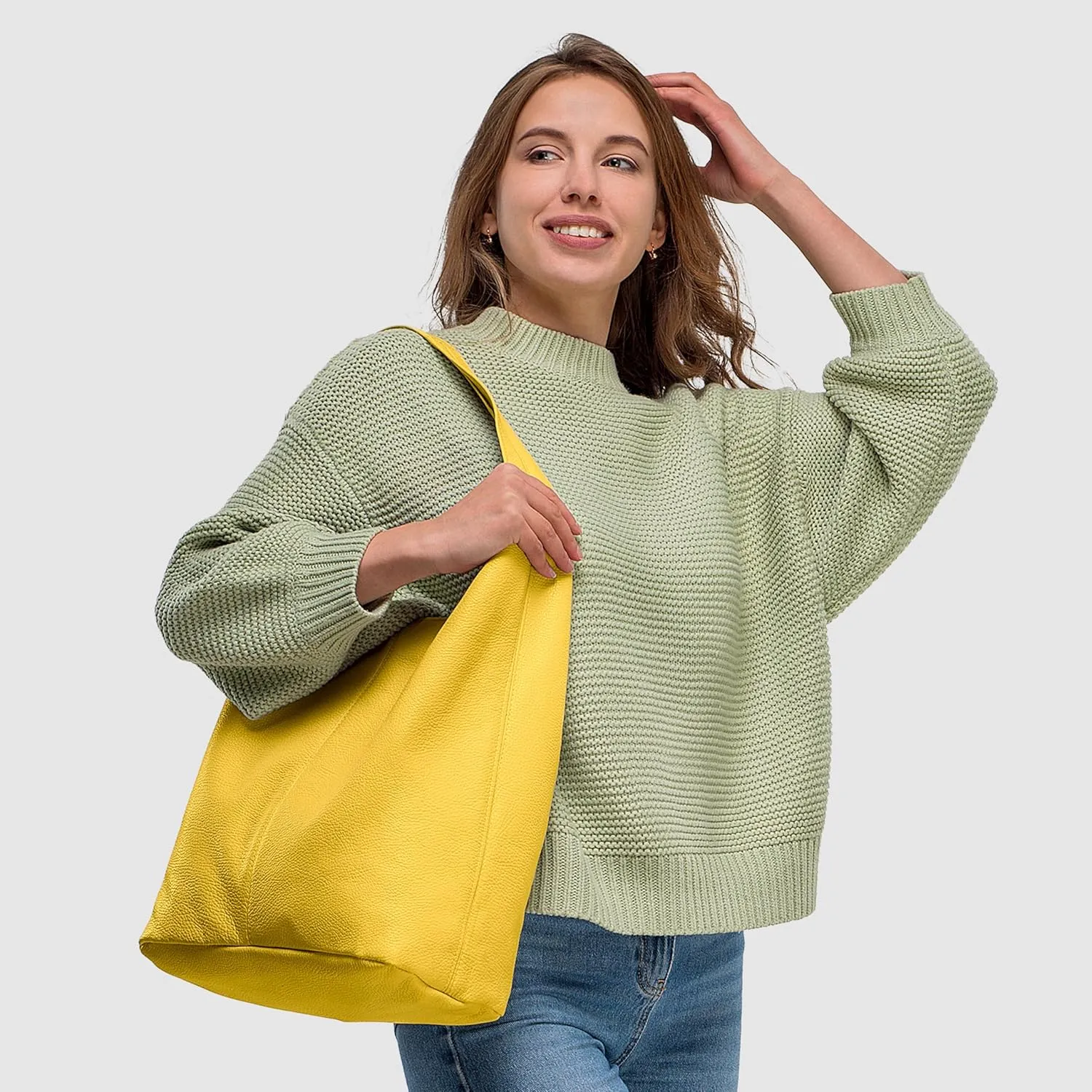 Italian Genuine Calf Leather Hobo Bag for Women with Zipper | Large Soft Slouchy Unlined Shoulder Handbag Tote Bucket Purse