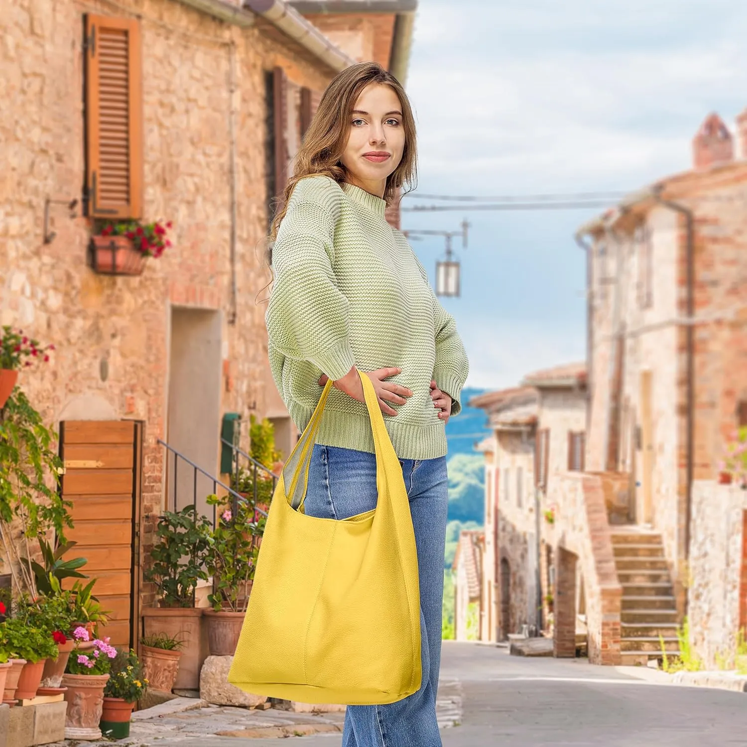 Italian Genuine Calf Leather Hobo Bag for Women with Zipper | Large Soft Slouchy Unlined Shoulder Handbag Tote Bucket Purse