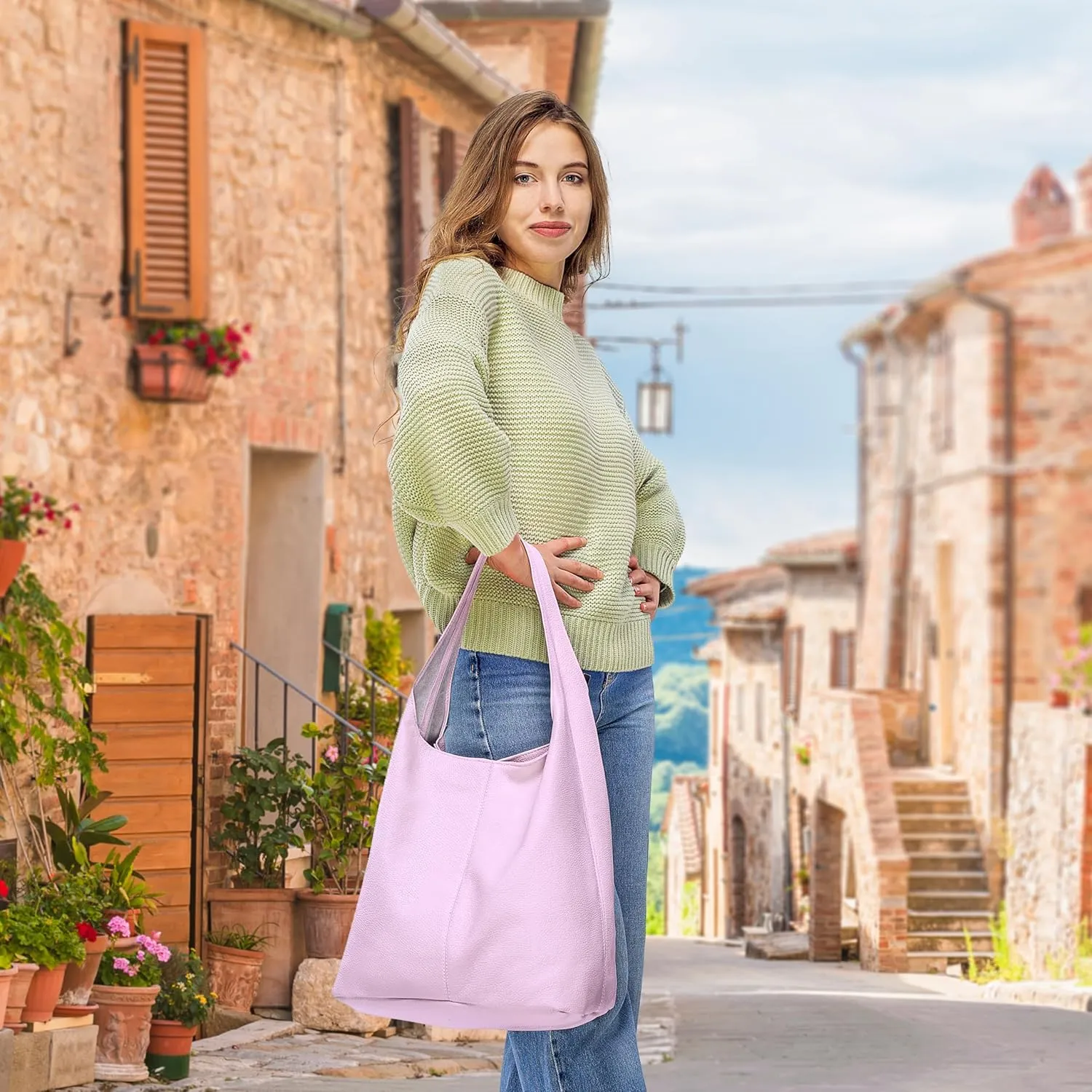 Italian Genuine Calf Leather Hobo Bag for Women with Zipper | Large Soft Slouchy Unlined Shoulder Handbag Tote Bucket Purse